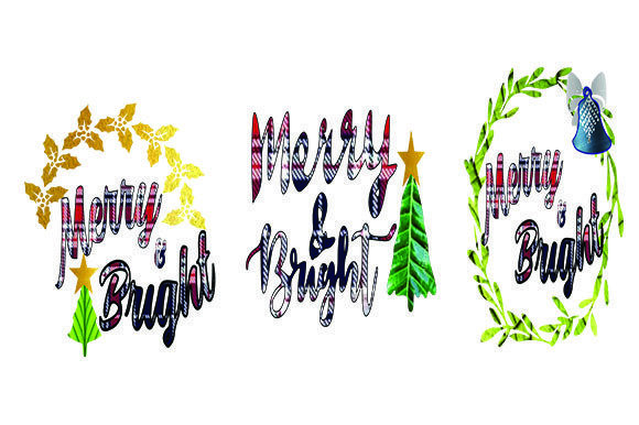 3 Merry Bright Text in Plaid Graphics for Web Elements